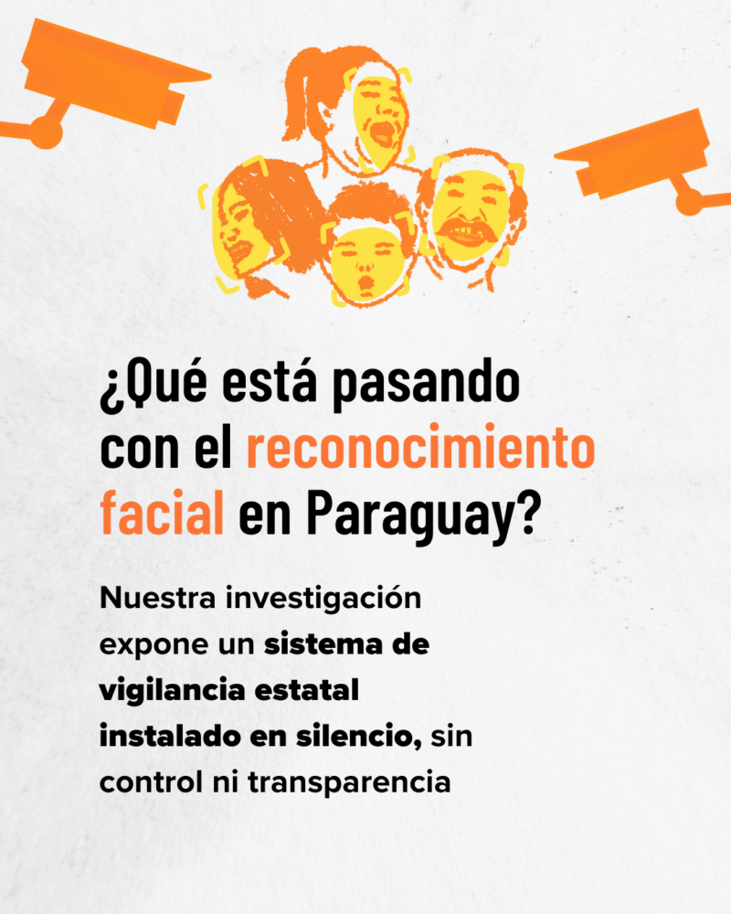 Flyer con el texto: "¿Qué está pasando con el reconocimiento facial en Paraguay? Nuestra investigación expone un sistema de vigilancia estatal instalado en silencio, sin control ni transparencia."